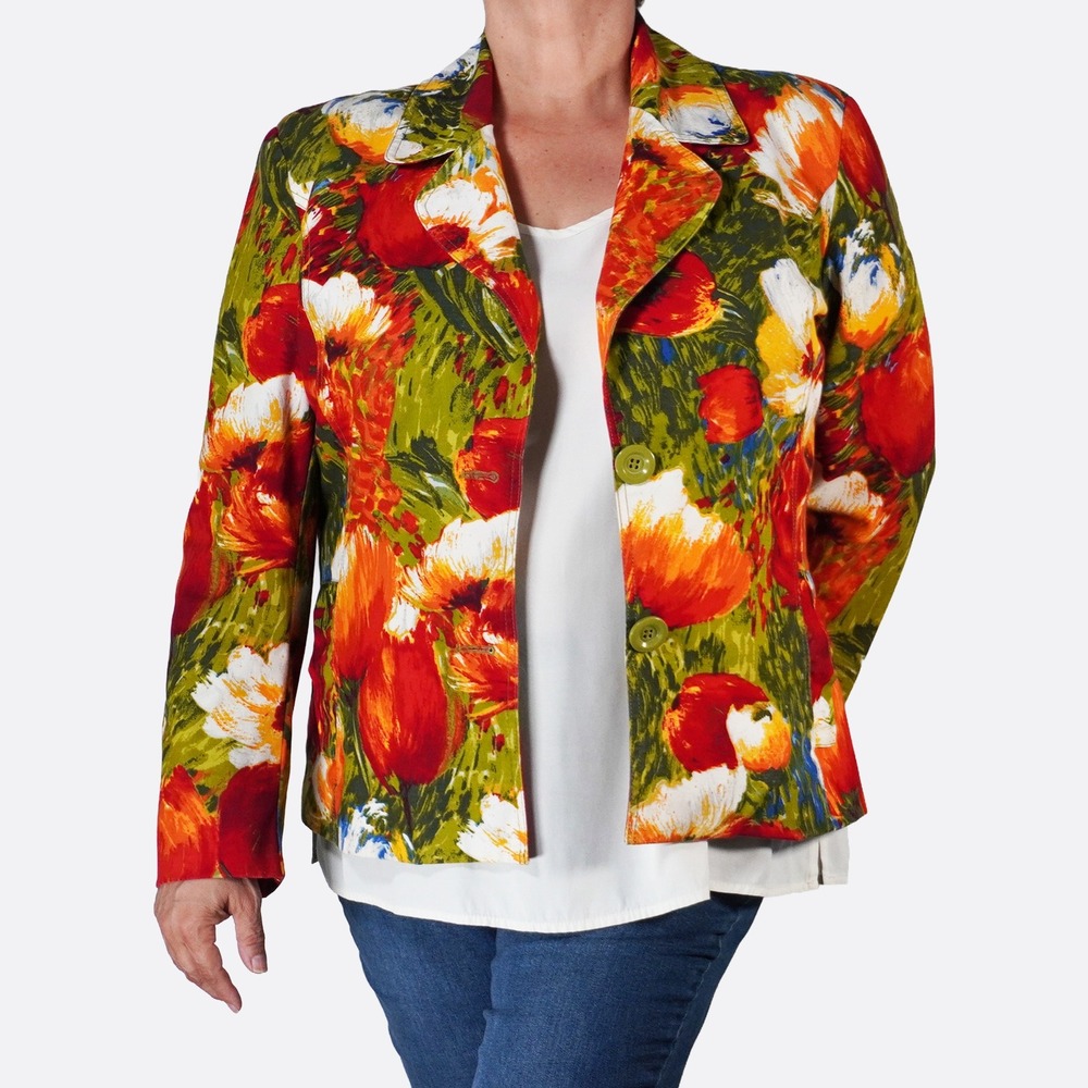 Chico's Painterly Floral Blazer 3 fits XXL/2X Red Orange Art to Wear Maximalist
